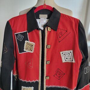 COLDWATER CREEK Red & Black Cotton Casual Jacket W/Appliqué Stitching (Size: S)